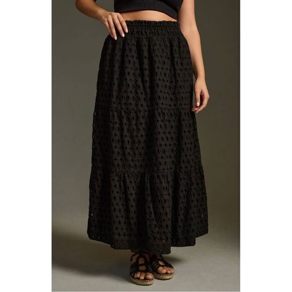 NEW Anthropologie Somerset Black Tiered Smocked Eyelet Pockets Maxi Skirt Medium - Picture 6 of 8